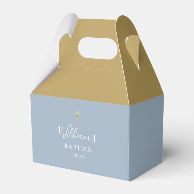 Caja Para Regalos Baptismo Christening Gold Cross Dusty Blue (Front Side)