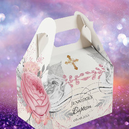 Caja Para Regalos Baptismo plata floral rosa cruz elegante moderno
