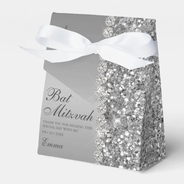 Caja Para Regalos Bar Mitzvah de Purpurina Plateada (Front Side)