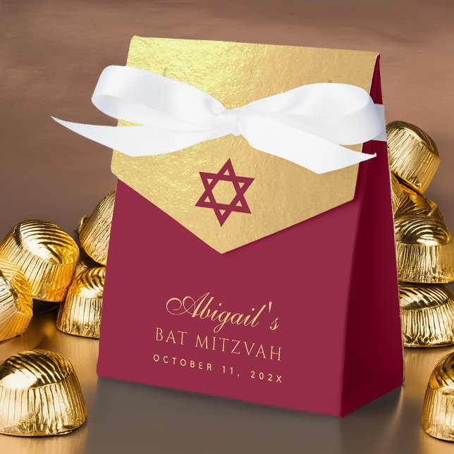 Caja Para Regalos Bat Mitzvah Red Star of David Faux Gold & Burgundy (Subido por el creador)