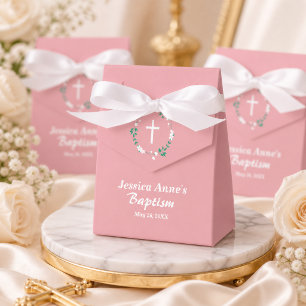 Caja Para Regalos Bautismo de Cruz Floral Crest Rosa Polvo Blanco