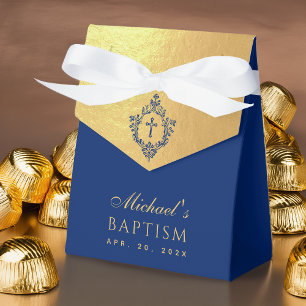 Caja Para Regalos Bautismo de Niño Falso Oro Real Cresta Azul Religi