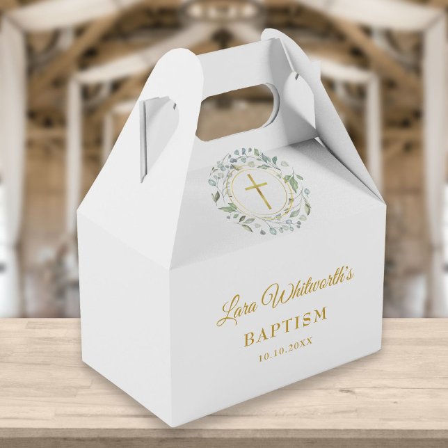 Caja Para Regalos Bautismo Laurel Corona Dorado Script (Subido por el creador)
