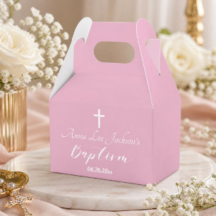 Caja Para Regalos Bautizo Moderno Cristiano Cruz Blanca Rosa Polvo