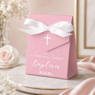 Caja Para Regalos Bautizo Moderno Rosado Polvoriento Cruz Blanca