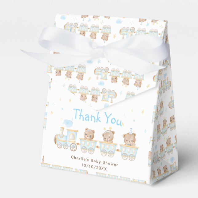 Caja Para Regalos Bear Blue Train Baby Shower Gracias (Front Side)