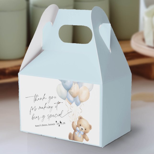Caja Para Regalos Bearly Wait Cute Teddy Bear y Blue Balloons (We Can Bearly Wait, Blue Baby Boy Shower Favor Box.)