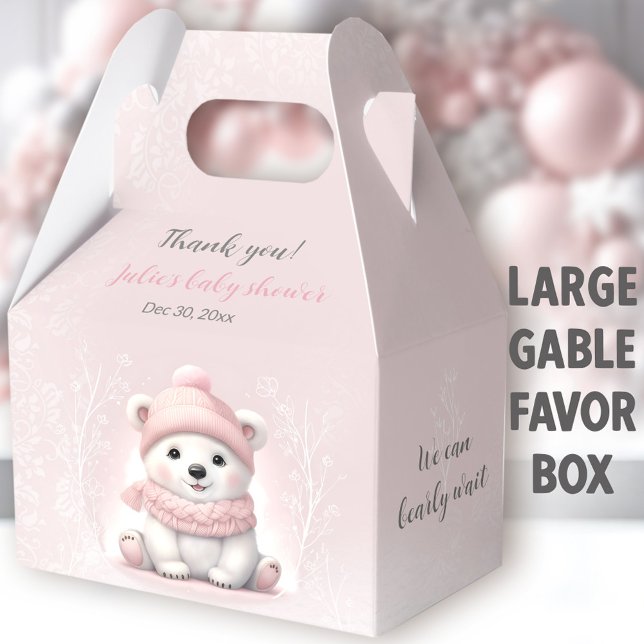Caja Para Regalos Bearly Wait Polar Bear Baby Shower rosa Grande (Pink Polar Bear Large Gable Favor Boxes - You can choose from 3 sizes of these gable favor boxes)