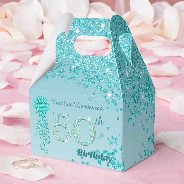 Caja Para Regalos Beautiful Teal Blue Glitter Ribbon 50th Birthday (Boda)