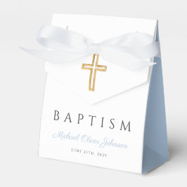 Caja Para Regalos Bebé Blue Script Religioso Cross Boy Baptism