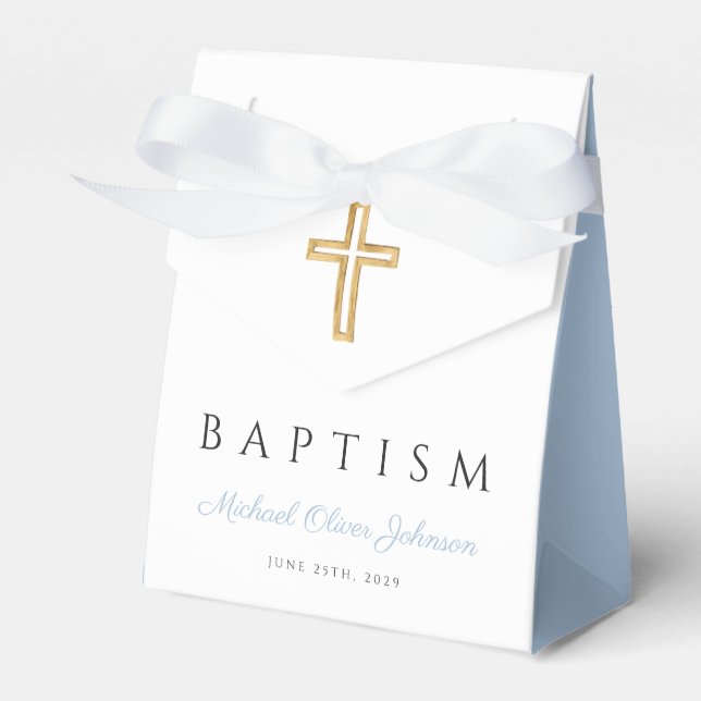 Caja Para Regalos Bebé Blue Script Religioso Cross Boy Baptism (Front Side)