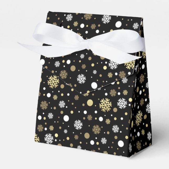 Caja Para Regalos Black Faux Gold Snowflakes Polkadots (Front Side)