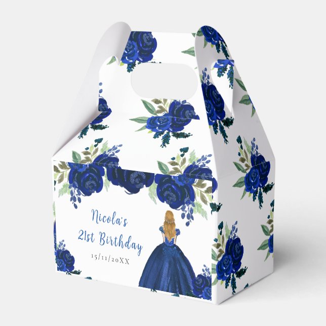 Caja Para Regalos Blonde Hair Princess Navy Floral Birthday Party (Front Side)