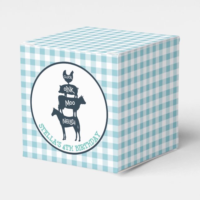 Caja Para Regalos Blue Gingham Farm Tema Animal Cumpleaños (Costado Anverso)