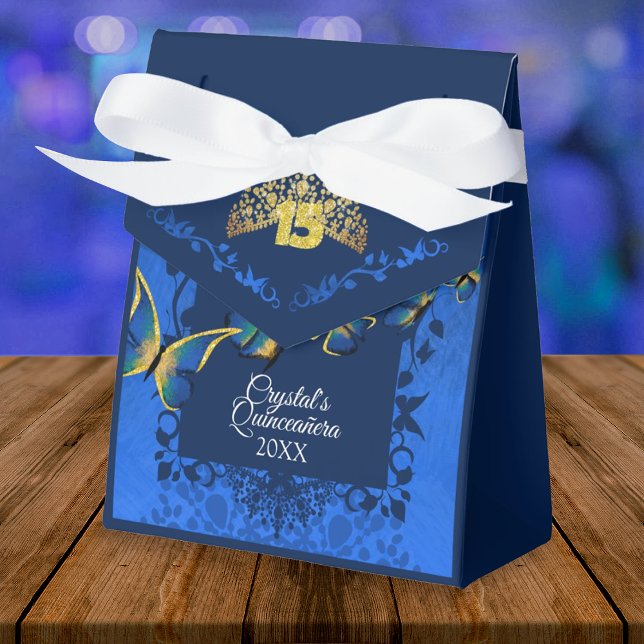 Caja Para Regalos Blue, Gold Tiara Butterfly Quinceanera Favbox (royal blue quinceanera gift bag party favor personalized gift box blue gold butterfliy)