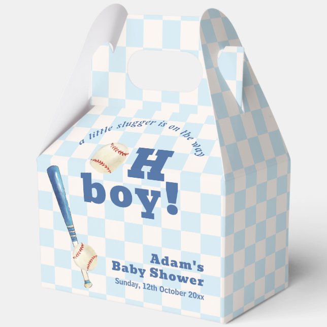 Caja Para Regalos Blue Plaid Slugger Baseball Boy Baby Shower  (Anverso)