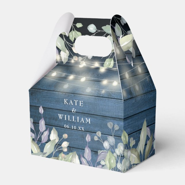 Caja Para Regalos Blue Rustic Wood String Luces Foliage Boda (Front Side)