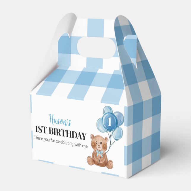 Caja Para Regalos Blue Teddy Bear First Birday Party Favor Box (Front Side)