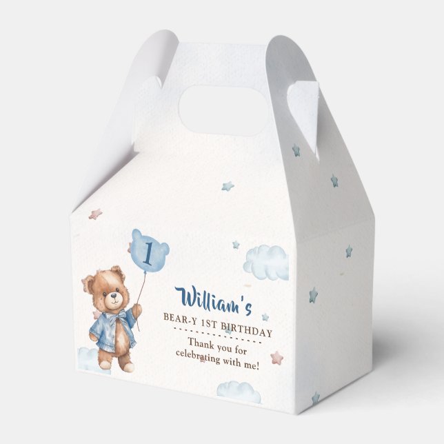 Caja Para Regalos Blue Teddy Bear First Birday Party Favor Box (Front Side)