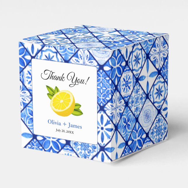 Caja Para Regalos Blue Tile Lemon Mediterráneo Gracias Boda (Costado Anverso)