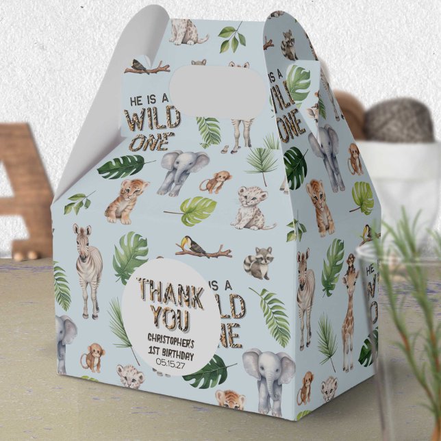 Caja Para Regalos Blue Wild Un niño temático 1er cumpleaños (Wild One, Blue Jungle Animals, Birthday favor box.)