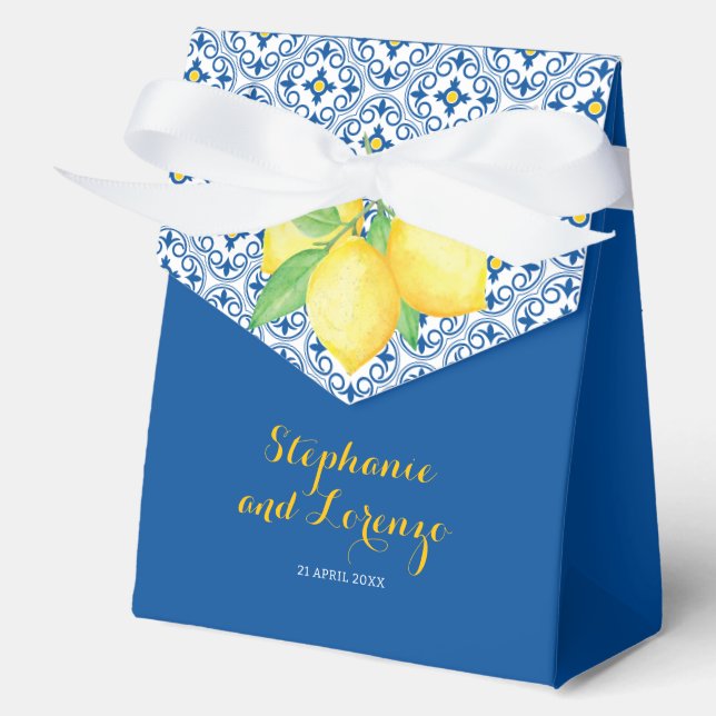 Caja Para Regalos Boda azul de mosaico mediterráneo Lemons (Anverso)