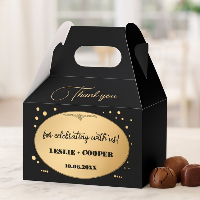 Caja Para Regalos Boda Black Gold Confetti Gracias (Wedding favor box featuring a stylish gold and black art deco design with sparkling gold confetti.)