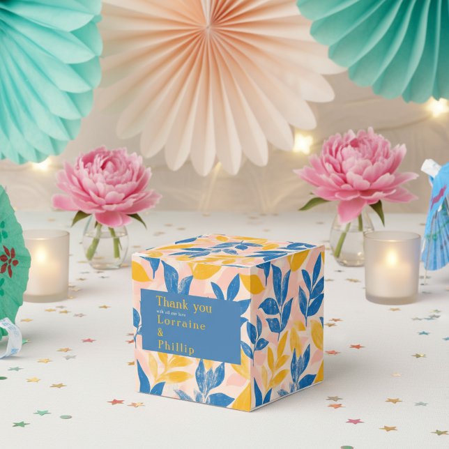 Caja Para Regalos Boda botánico de Leafy azul y amarillo gracias (Blue and Yellow Leafy Botanical Wedding thank you Favor Boxes.)