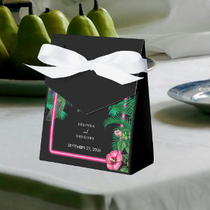Caja Para Regalos Boda Botánico Retro Tropical Neón Rosa