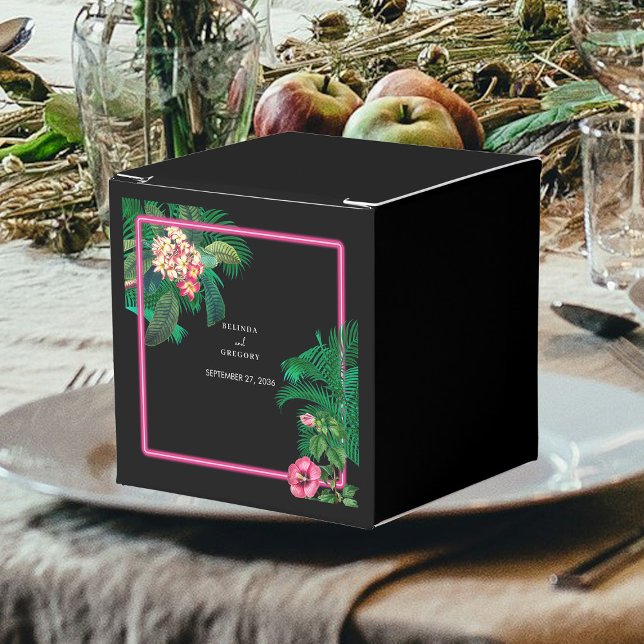 Caja Para Regalos Boda Botánico Retro Tropical Neón Rosa (Neon Pink Tropical Retro Botanicals Wedding Favor Boxes)