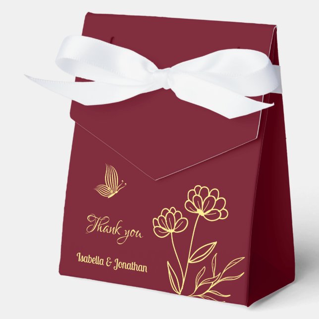 Caja Para Regalos Boda burdeos de flor dorada romántica y elegante (Anverso)