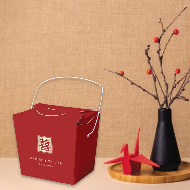 Caja Para Regalos Boda chino clásico cuadrado doble felicidad (Red/Gold Classic Square Double Happiness Chinese Wedding Party Favor Boxes @ fatfatin_red_knot)