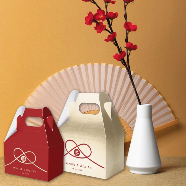 Caja Para Regalos Boda chino de doble felicidad de unión de nudos do (Red/Gold Knot Union Double Happiness Minimalist Chinese Wedding Party Favor Boxes @ fatfatin_red_box)