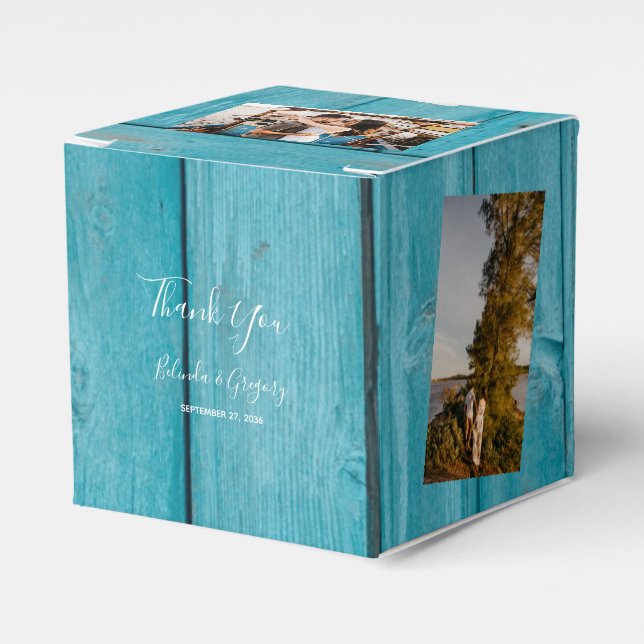 Caja Para Regalos Boda de 4 fotos de Rustic Blue Wood (Costado Anverso)