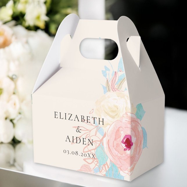 Caja Para Regalos Boda de acuarela floral de Pastel (Personalized Pastel Floral Watercolor Wedding Favor Boxes with your Name & Date.)