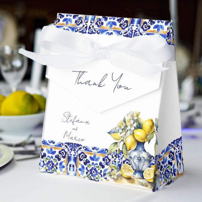 Caja Para Regalos Boda de azulejos azules de Amalfi impreso (Amalfi Italian blue tiles lemons wedding printed Favor Box personalized wedding favors ceramic vase)