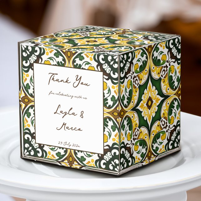 Caja Para Regalos Boda de azulejos de Talavera amarillo verde (Green yellow vintage Mediterranean Talavera Azulejo tile personalized printed wedding Favor Boxes )