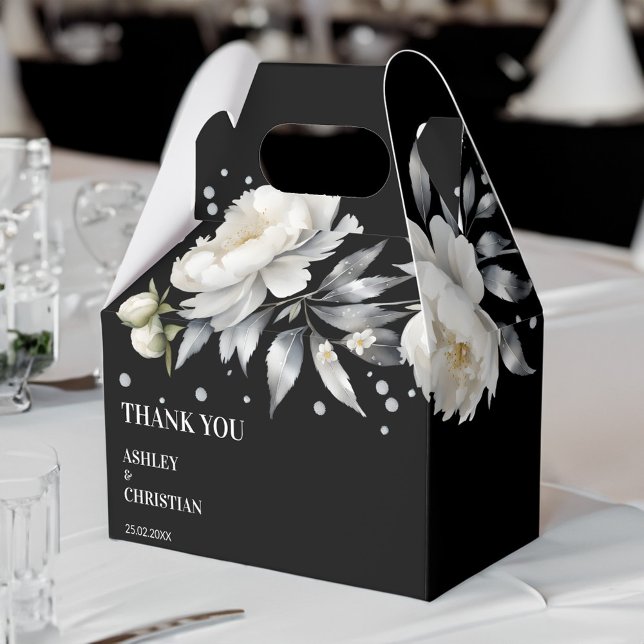 Caja Para Regalos Boda de boho negro y blanco elegante (Black and white elegant boho white peonies wedding favor box personalized favor boxes black)