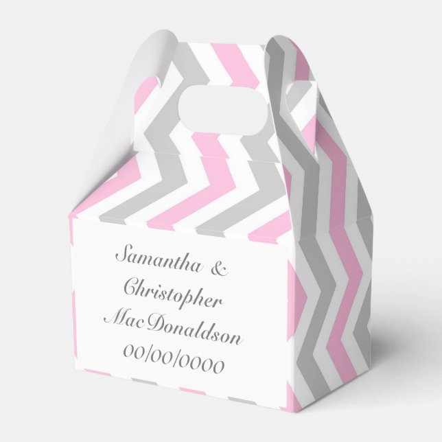 Caja Para Regalos Boda de chevron gris rosa y blanco (Reverso)