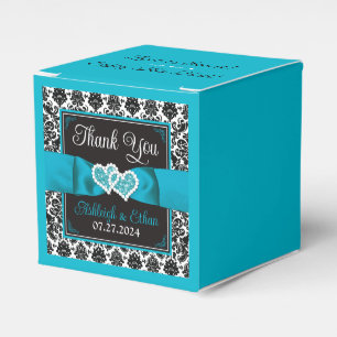 Caja Para Regalos Boda de corazones de amor turquesa, Damask negro