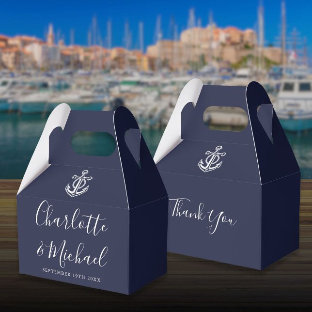 Caja Para Regalos Boda de escritura de firma náutica azul marino (Navy Blue Nautical Signature Script Wedding Favor Boxes)
