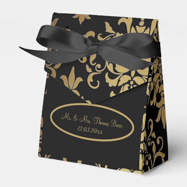 Caja Para Regalos Boda de escritura negro de Damask dorado elegante (Front Side)