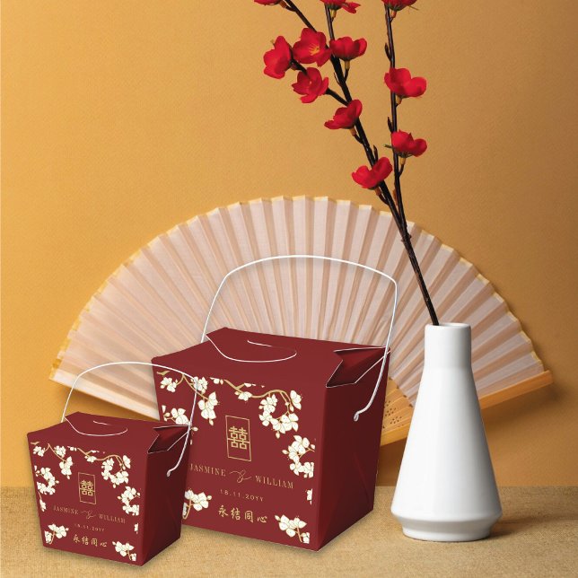 Caja Para Regalos Boda de Felicidad Doble Peach/Plum Blossoms (Burgundy/Ivory Peach/Plum Blossoms Double Happiness Chinese Wedding Favor Box @ fatfatin_red_box)