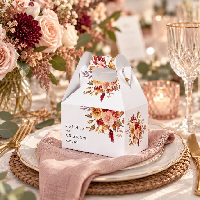Caja Para Regalos Boda de flores de otoño (Fall Floral Wedding Gable Favor Box, burgundy rust and mustard watercolor flowers, names and date)
