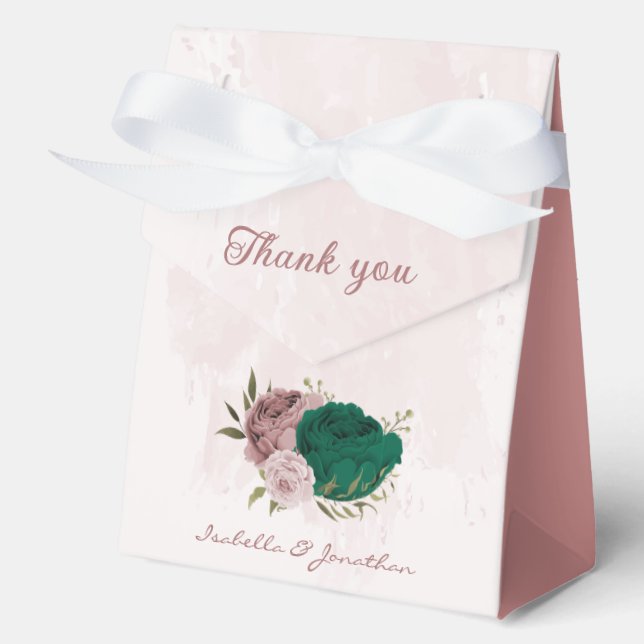 Caja Para Regalos boda de flores rosa verde esmeralda (Anverso)
