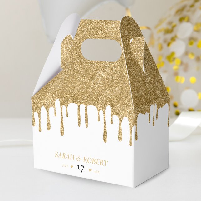 Caja Para Regalos Boda de goteo de Purpurina blanco y dorado (White & Gold Glitter Drip Wedding Favor Box)