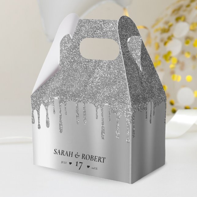 Caja Para Regalos Boda de goteo de Purpurina plateado (Silver Glitter Drip Wedding Favor Box)