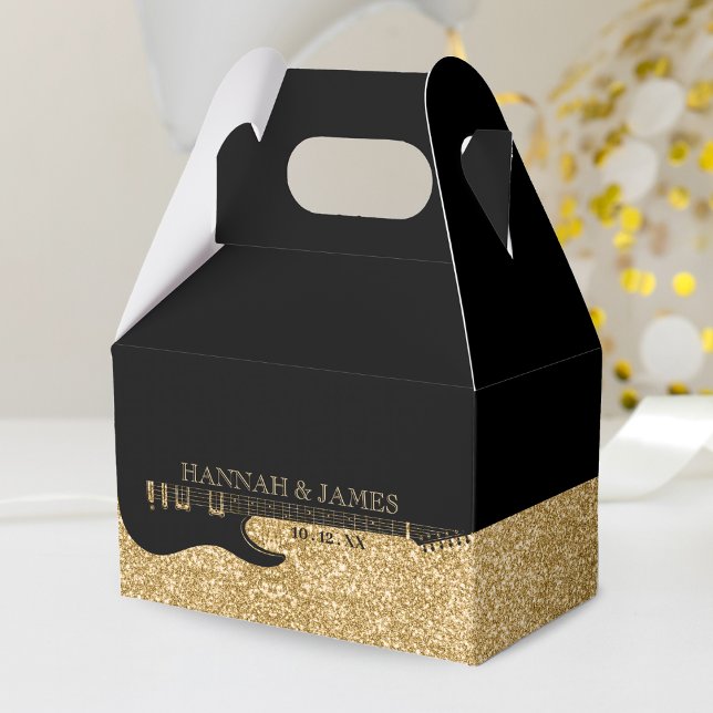 Caja Para Regalos Boda de guitarra Purpurina negro y oro (Black & Gold Glitter Guitar Wedding Favor Box)