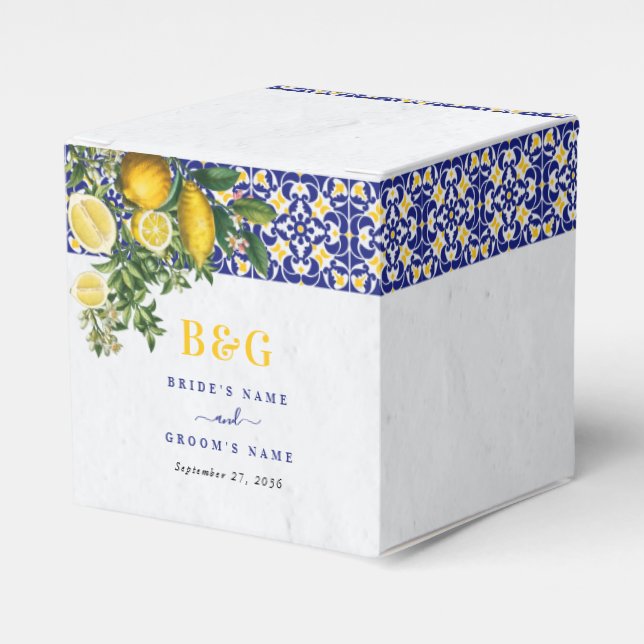 Caja Para Regalos Boda de limón azul blanco amarillo mediterráneo (Costado Anverso)