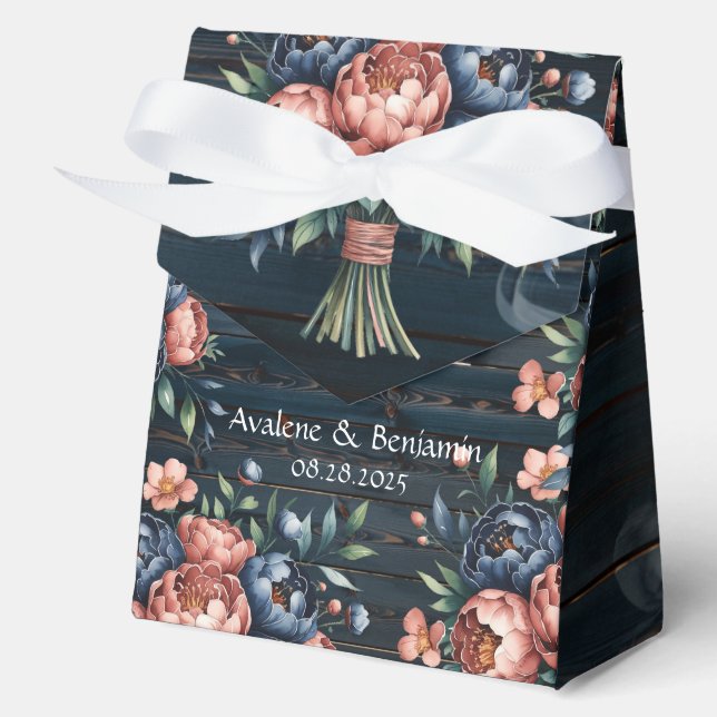 Caja Para Regalos Boda de Madera Marina Azul y Cobre Peony (Anverso)